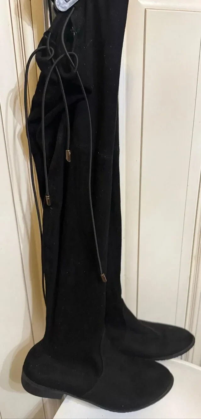 Yoki Women's Anora Faux Suede Lace Up Over The Knee Boots Black Size 8